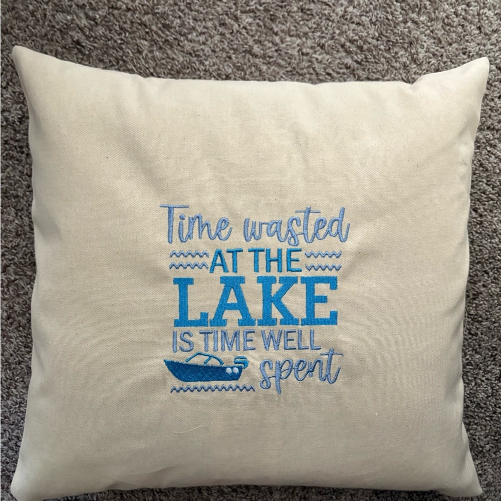 Decorative Pillow with Blue Lake Embroidery